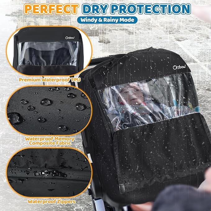 Car Seat Rain Cover with Clear Peep Window, Universal Car Seat Cover Baby with Zipper Door and Side Ventilation, All-Round Snow, Wind & Rain Canopy Waterproof Cover, Machine Washable, Black