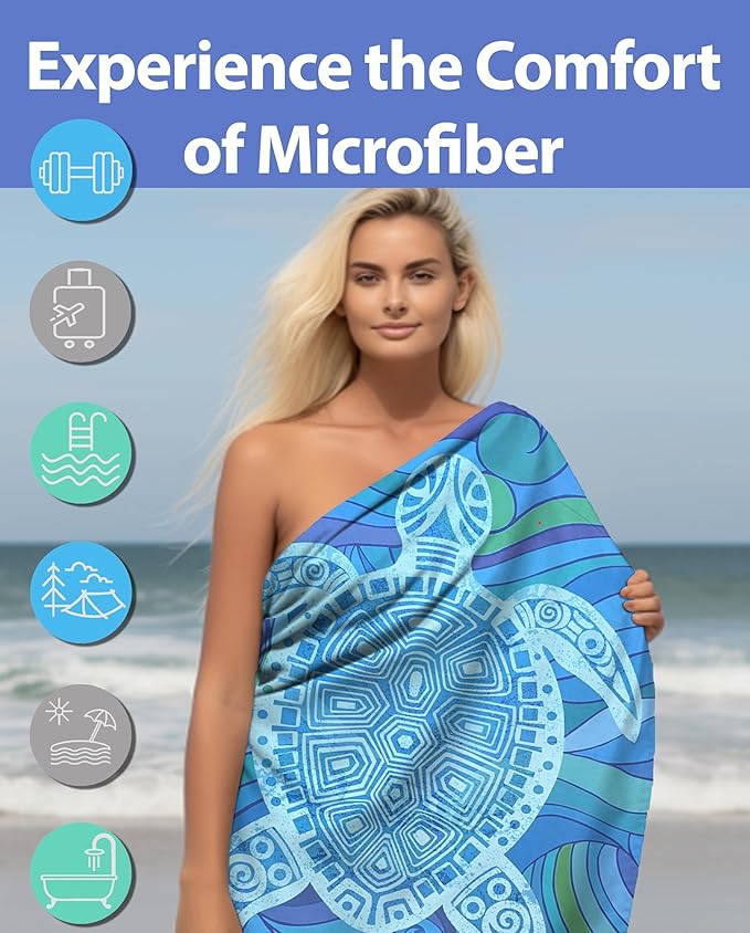 Microfiber Beach Towel Oversized 71X32" Thin, Reversible, Large, Lightweight, Quick Dry, Sand Free, Absorbent, Swim, Pool, Cruise, Compact Travel Towel, Camping, Beach Blanket, Carry Bag, Turtle