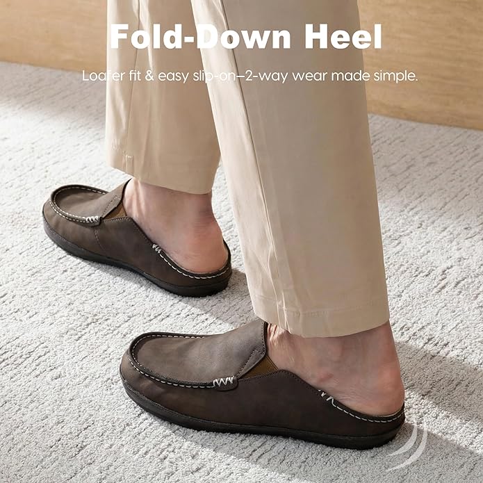 Men’s Premium Everyday Moccasin Slippers Crafted Leather Upper Plush Shearling-Style Lining Removable PU Arch Support Insole with Deep Heel Cup Non-Slip Non-Marking Rubber Sole Fold-Down Heel Indoor Outdoor