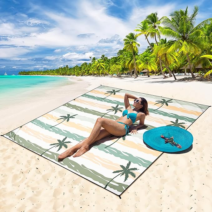 Beach Blanket Waterproof Sandproof Beach Mat 79”x 83” for 1-8 Adults Quick Drying Durable Outdoor Picnic Mat for Beach Festival Travel Camping Hiking (Stripes Cocotree-YL&GN, 79"×83"(4 Person))