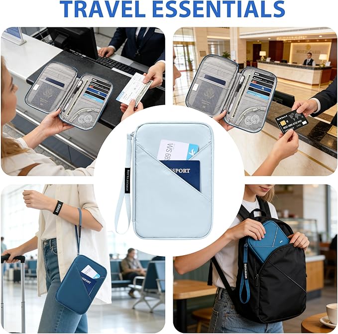 Veki Passport Holder for Travel Women Family, Passport Wallet Bag, RFID Travel Document Organizer, Waterproof Passport Holder for Men, Portable Case for Cards, Cash, Tickets, ID (Blue Gray, L)