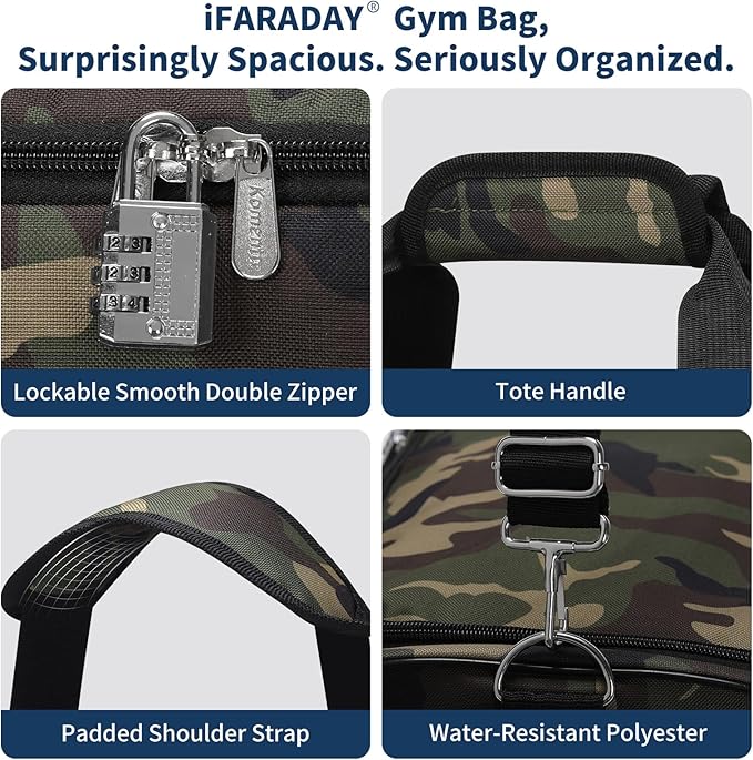 iFARADAY 52L Men's Gym Bag with Shoe Compartment - 24-inch Duffle Bag for Travel, Sports, Fitness & Workout (Camo)