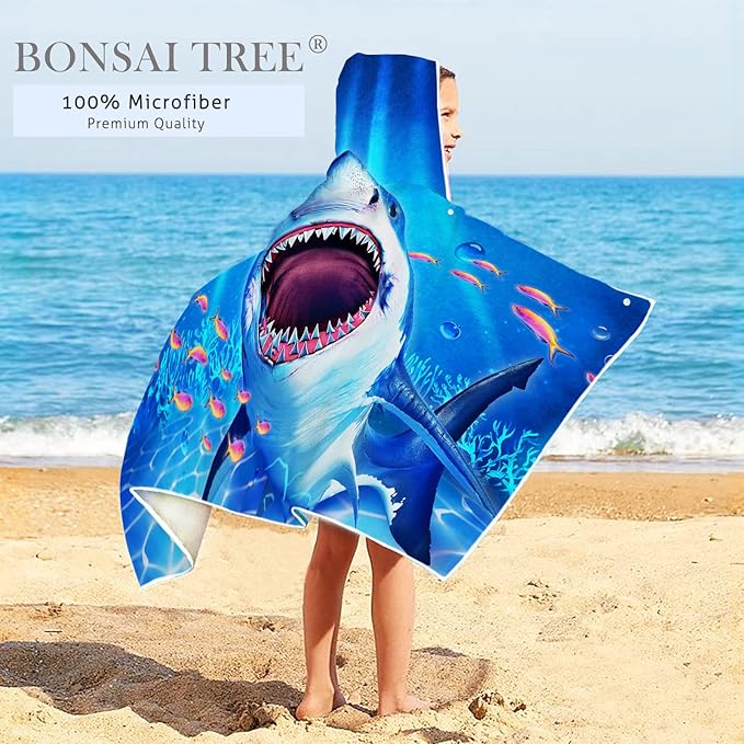 Bonsai Tree Shark Beach Towel, Shark Towel for Kids with Hood, Ocean Fishes Hooded Towel for Boys 30" x 50", Funny Sea Animals Microfiber Absorbent Soft Bath Towel Poncho Bathrobe for Swin Pool