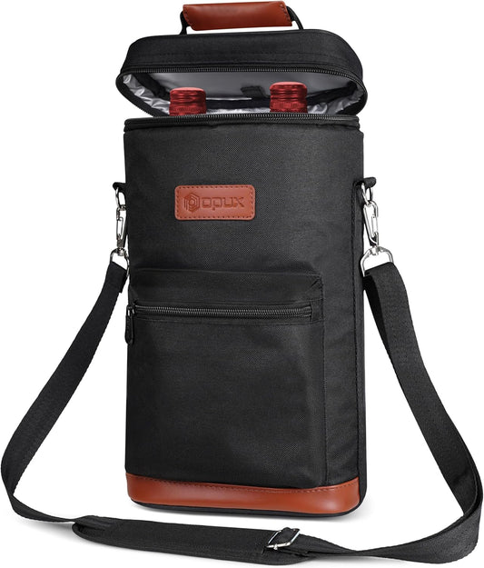 opux Wine Bag 2 Bottle Wine Tote Carrier, Insulated Wine Cooler Bag for Travel Picnic, Leakproof Portable Bottle Padded Case, Wine Gifts For Women Men Wine Lovers Christmas, Black