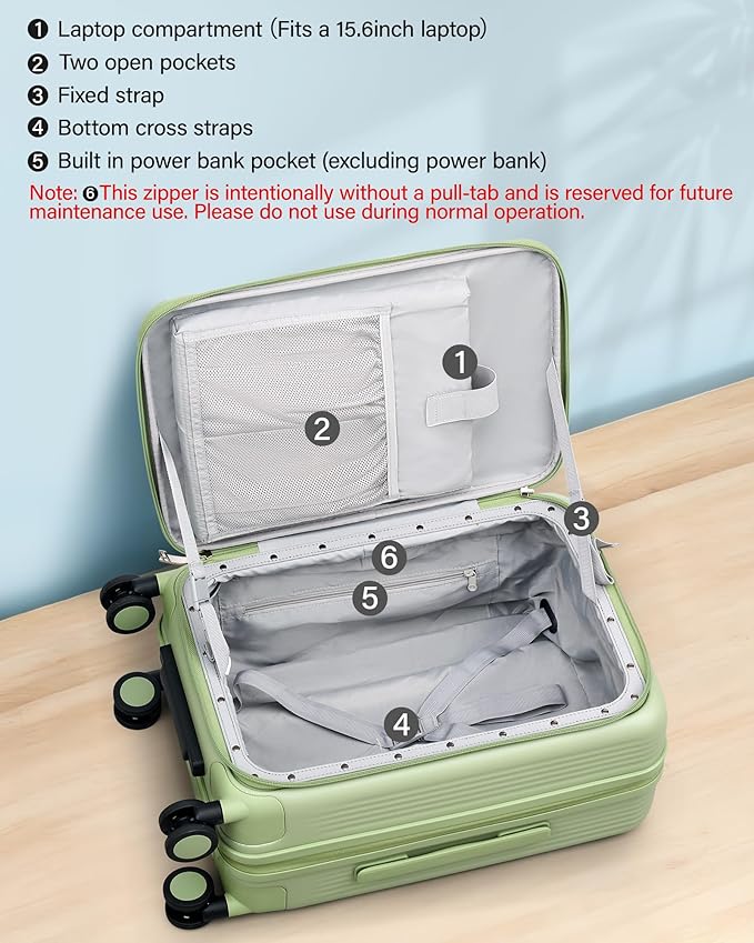 Hanke 20 Inch Expandable Carry On Luggage Airline Approved Top Opening Travel Luggage Rolling Suitcase with Cup Holder Hard Shell Suitcases with Wheels (Bamboo Green)