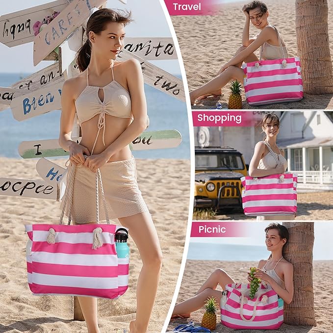 Clothirily Beach Bag for Women - Large Beach Tote Bag, Waterproof Sandproof Beach Bag with Zipper, Large Swim Pool Beach Tote