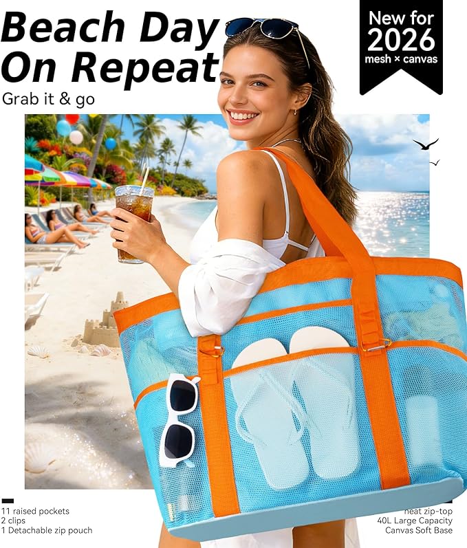 2026 Chic & Spacious XX-Large Beach Bag for Women — Mesh × Canvas Tote with Top Zipper, 11 Pockets, Detachable Pouch | 40L+ Spacious, 11 Tall Pockets, Zipper Pouch, Secure Zip-Top, Sand-Resistant Base