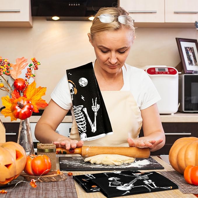 Bencailor 6 Pcs Skull Kitchen Towels Skeleton Dish Hand Towels Funny Skull Dance Tea Washcloth for Bathroom Kitchen Gothic Horror Decor Gifts 24 x 16''
