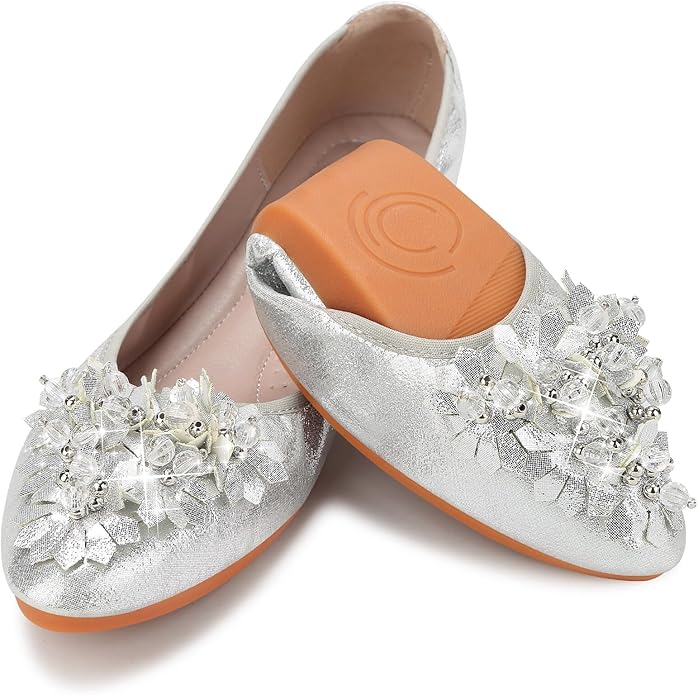 KUNWFNIX Women Ballet Flats Rhinestone Wedding Ballerina Shoes Foldable Sparkly Comfort Slip on Flat Shoes