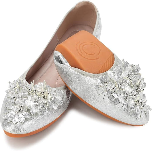 KUNWFNIX Women Ballet Flats Rhinestone Wedding Ballerina Shoes Foldable Sparkly Comfort Slip on Flat Shoes