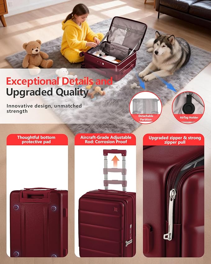 Expandable 20Inch Carry On Luggage Airline Approved - Top Opening Hardside Travel Suitcase Unbreakable -with Cup Holder,USB Charge,Side Pothook, 360°Spinner Wheels, TSA Lock-Wine Red