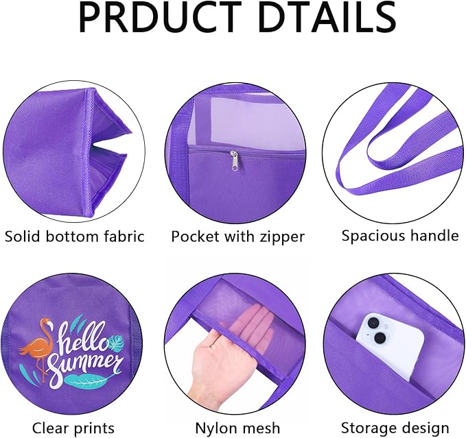 Reusable Large Beach Bags With 2 Pockets & Zipper, Lightweight Beach Tote for Poolside, Trip/swim