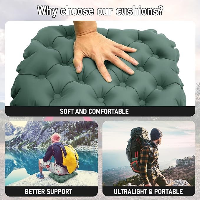Inflatable Seat Cushion, Lightweight Stadium Seat Pad, Travel Air seat Cushion Anti-Slip for Airplane, Hiking, Climbing, Home and Camping,Olive Green