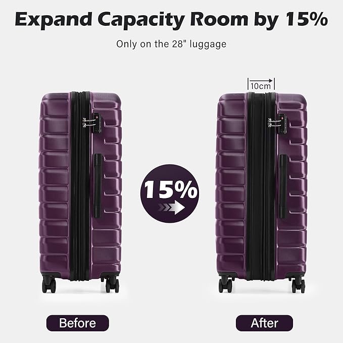 Coolife Expandable Large Checked Luggage with Spinner Wheels, Hard Shell Suitcase TSA Lock Rolling Travel Luggage 28-inch,Purple