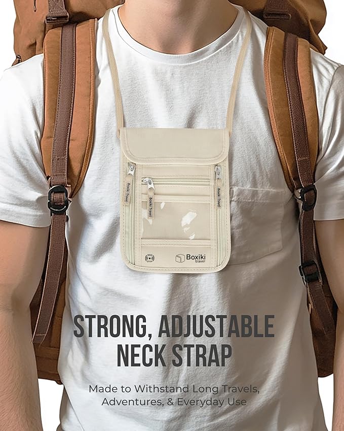 RFID Travel Neck Wallet - Beige | Sleek, Secure Passport Holder and Money Pouch with Adjustable Neck Strap for Men and Women to Keep Cash, Credit Cards & Travel Documents Safe