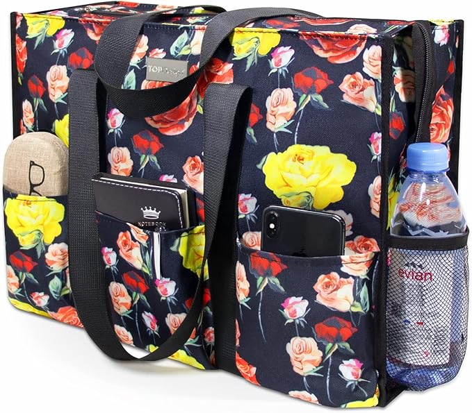 TOPDesign Utility Water Resistant Tote Bag with 13 Pockets, Top Zipper Closure & Thick Bottom Support, for Working Women