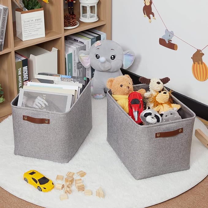 HNZIGE Large Rectangle Storage Baskets for Shelves 16"×11.8"×11.8" Fabric Storage Bins with Handles (2 Pack) Decorative Storage Baskets for Organizing Clothes, Toy, Quilts, Sundries Closet(Gray)