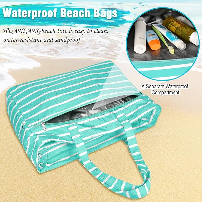 HUANLANG Extra Large Beach Bag Waterproof Beach Totes Bags for Women Men,Pool Bag with Zipper Wet Pocket