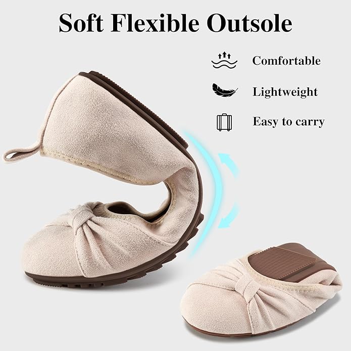 Ecetana Womens Flats Shoes Dressy: Round Toe Bowknot Suede Foldable Ballet Flats Comfortable Casual Slip On Loafers