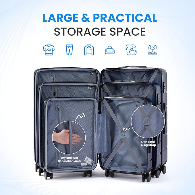 Simple Deluxe 3-Piece Luggage Sets, Suitcase with Double Spinner Wheels & TSA Lock, Hard Shell Suitcase, Expandable Rolling Lightweight Luggage, Blue