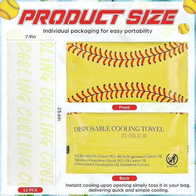 Frienda 12 Count Disposable Cooling Towel, 23.6''x 7.9'' Large Cooling Body Wipes, Baseball Basketball Softball Soccer Ice Towel for Hot Weather, Individually Wrapped for Sport Player (Softball)