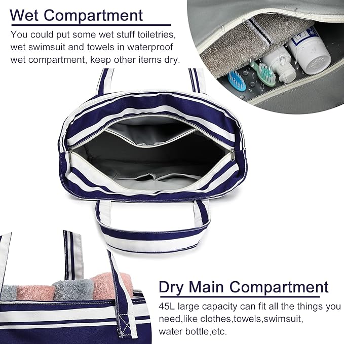 LEDAOU Beach Bag Waterproof Sandproof Women Beach Tote Pool Bag with Zipper for Swim Gym Grocery Travel with Wet Pocket | Sandproof, with Zipper, for Gym, Grocery, Travel, with Wet Pocket