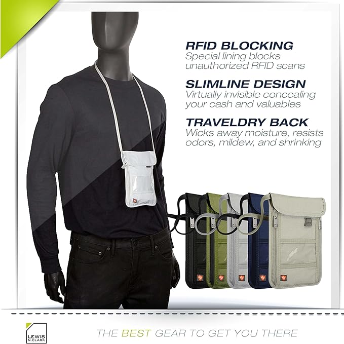 Lewis N. Clark RFID Blocking Stash Neck Wallet, Travel Pouch Passport Holder for Women & Men, Black
