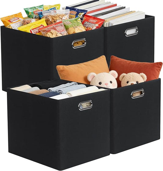 Posprica Collapsible Storage Bins,13×15x13 Foldable Storage Cube Boxes Fabric Drawer for Closet Shelf Cabinet Bookcase, set of 4 (1200D Black)