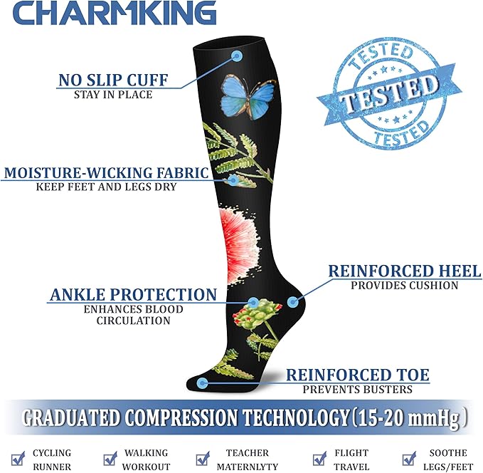 CHARMKING 6 Pairs-Compression Socks for Women & Men Circulation Best Support for Nurses, Running, Athletic,Flight Travel