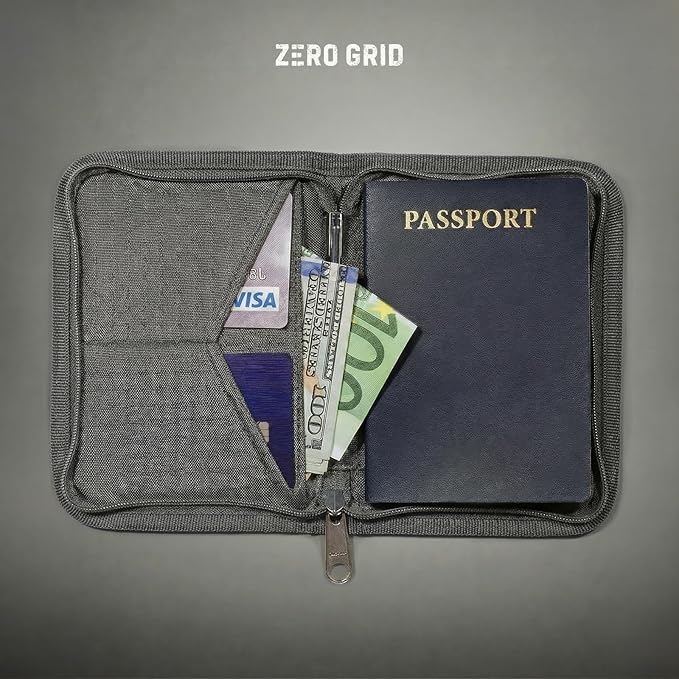Zero Grid RFID Passport Holder & Travel Wallet, Zippered Wallet for Men & Women, Fits Passport, Cards, Cash, Tickets, ID, Sim Card, AirTag; Premium & Compact Travel Document Holder - Shadow Grey