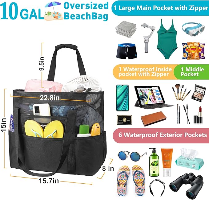 Mesh Beach Bag - Large Waterproof Beach Tote Bag with Zipper, Oversized Foldable Lightweight Family Swim Bag Vacation