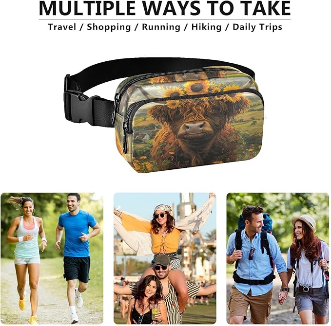 Highland Cow Sunflowers Fanny Pack for Women Men Water Resistant Fashion Waist Packs with Adjustable Strap Belt Bag for Travel Workout Jogging Hiking 21220118
