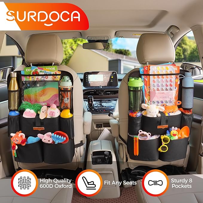 SURDOCA Upgraded Car Organizer with 11-inch Tablet Holder, 8 Pockets, Car Seat Protector for Road Trips - Car Storage and Organizers for Kids, Grey 2PC