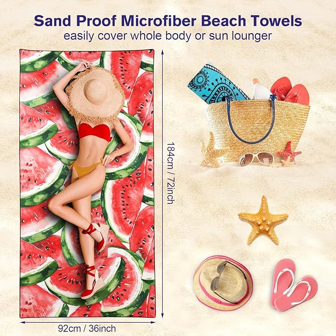 Watermelons Pattern Beach Towel Extra Large 36" x 72", Thin Lightweight Microfiber Towels with Fruit Design, Sand Free and Quick Dry, Compact Bag