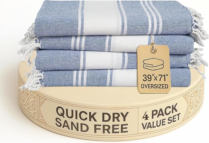 LANE LINEN Beach Towels 4 Pack Oversized - Turkish Towel Set, Pre-Washed Oversized Beach Towel, Quick Dry Beach Towels for Travel, Beach Towel Large, Sand Free Towel,39"x71" - Forever Blue