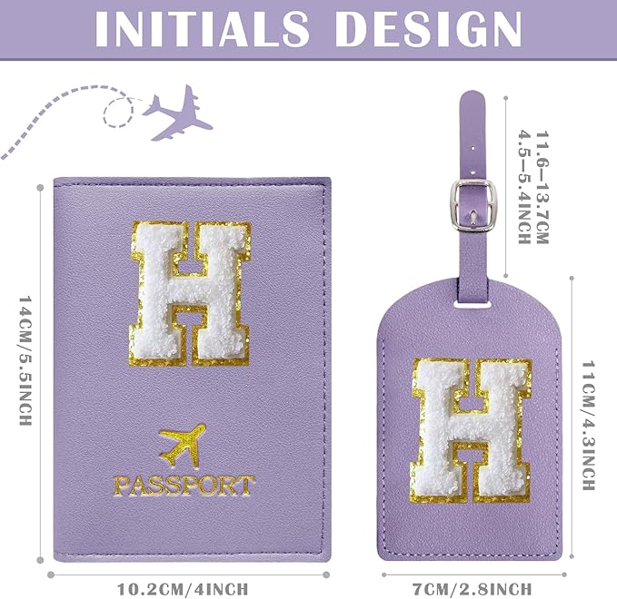 COSHAYSOO Purple Initial Passport Cover Holder and Luggage Tag Set TSA Approved with Letter Name Patch for Women Teenage, Travel Passport Book Vaccine Card Combo Bag Suitcase Identifier (H)