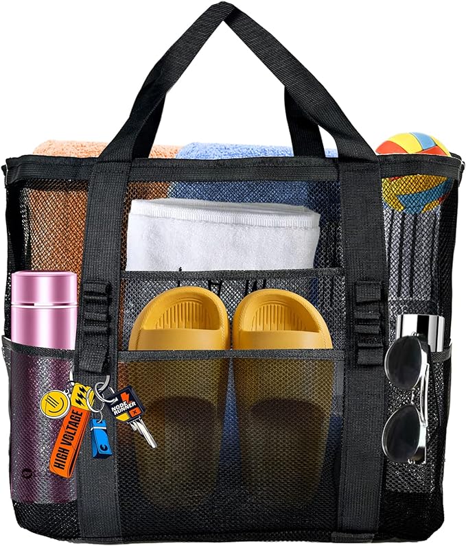 Large Mesh Beach Bag - Lightweight & Foldable Family Beach Bag with 9 Pockets for Toys, Towels & Vacation Essentials