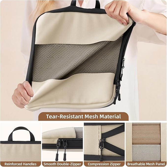 Compression Packing Cubes for Travel,6-Piece Travel Luggage Organizers with Breathable Mesh, Storage Bags for Clothes, Essential Travel Accessories, Beige