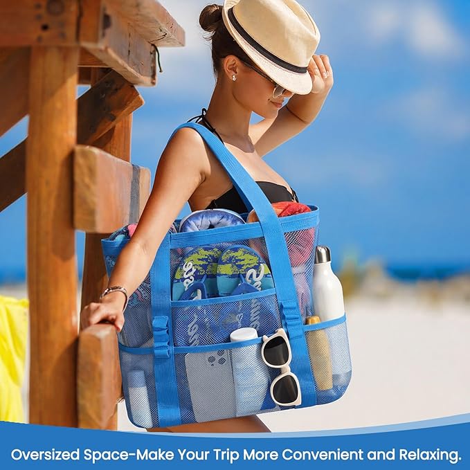 Beach Bag - Mesh Beach Bag Large 8 Pockets, Beach Tote Bag Beach Essentials for Vacation Must Haves