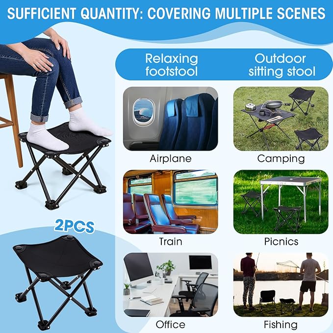 Ripeng 2 Pcs Portable Airplane Travel Foot Rest, Folding Camping Stool, Under Desk Foot Rest at Work for Long Flight, Home and Office Outdoor Hiking Fishing with Carry Bag