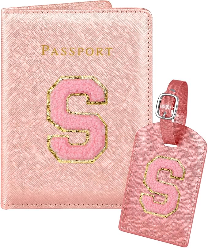 Slohif Passport Holder Initial Lugguage Tag Set Suitcase Cover Wallet Case for Travel Women - Leather Letter Passport Book Personalized Organizer Card Protector Sleeve Essentials Slim Carrier Red S