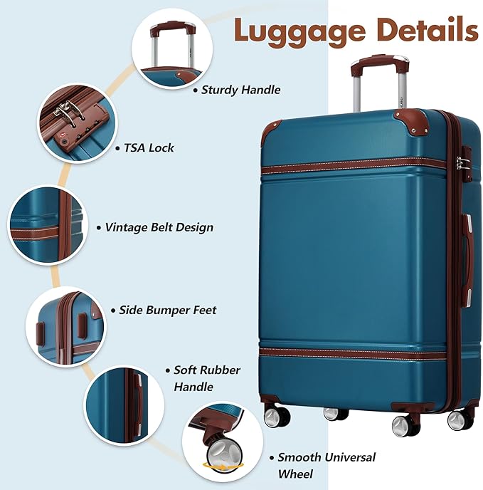 Merax 28 Inch Checked Luggage, Expandable Suitcase with Spinner Wheels, Hard Shell Vintage Luggage Set with TSA Lock(Blue)