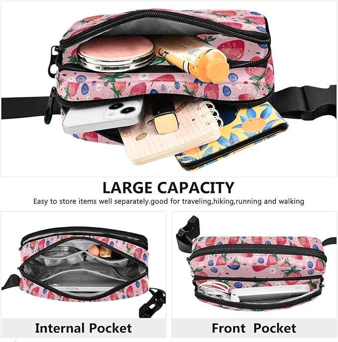 Pink Strawberry Blueberry Fanny Pack for Women Men Water Resistant Fashion Waist Packs with Adjustable Strap Belt Bag for Travel Workout Jogging Hiking 21219429