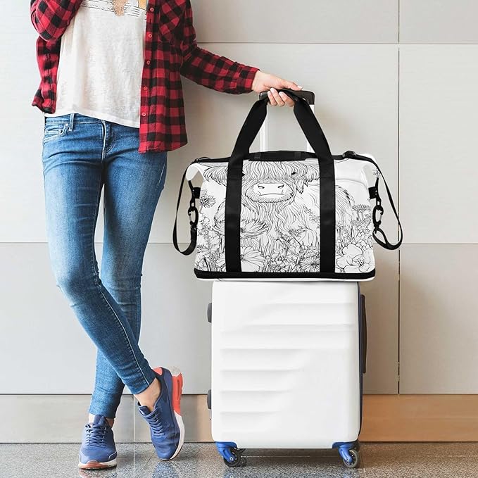 Travel Duffel Bags for Women Floral Highland Cow Line Art Print Sports Duffel Bags Gym Bags with Shoes Compartment Tote Bag Weekender Bag for Travelling