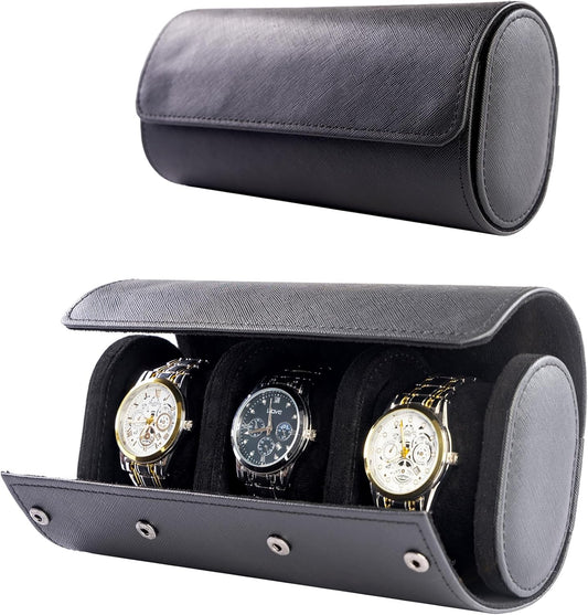 MR.OKAY 3 Watch Travel Case- Classic Leather Watch Case With Superb Texture.Portable Watch Roll Or Organizer For Storage And Display. Travel Gift for Men, All Handcrafted By Leather Craftsmen.