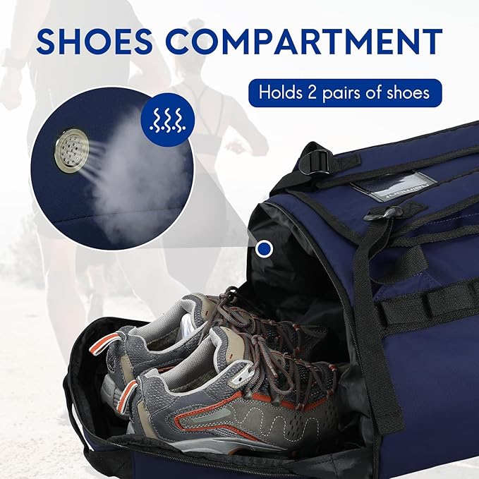 Haimont Duffel Backpack Bag 50L Water Repellent Sports Gym Bag Foldable Men Women with Shoe Compartment for Travel Hiking Camping Outdoor, Navy Blue