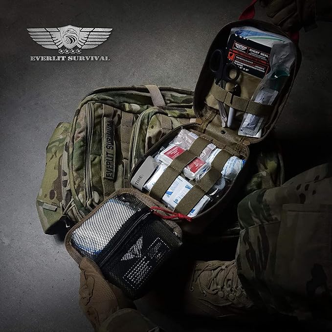 EVERLIT Advanced Trauma Kit, CAT GEN-7 Tourniquet, TCCC Compliant, Mil-Spec Nylon Laser Cut Pouch with 36" Splint, Military Combat Tactical IFAK for Emergency Bleeding Control