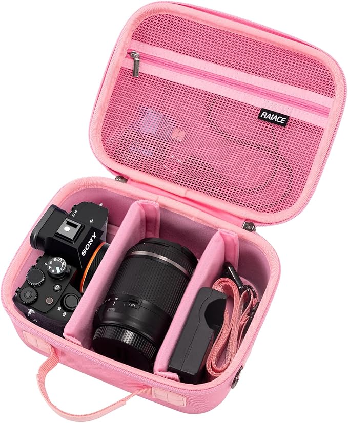 RAIACE Hard Case Compatible with Sony Alpha 7 II III IV/7R V Camera, for Nikon, for Canon, for Pentax and More. Mesh Pocket for Charger, Cables, Cards and Accessories. (case only) - Pink
