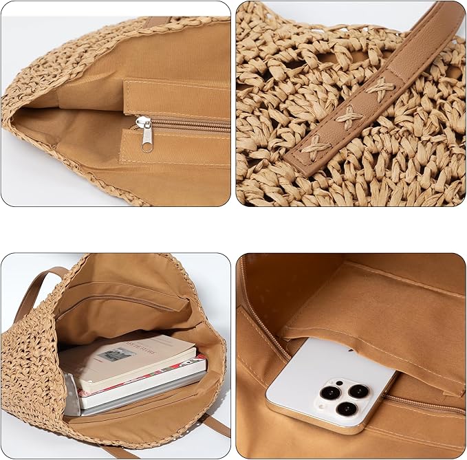 Pleneal Straw Beach Bags for Women - Women Beach Handmade Woven Tote Bag, Summer Mesh Hollow Shoulder Bag for Holiday
