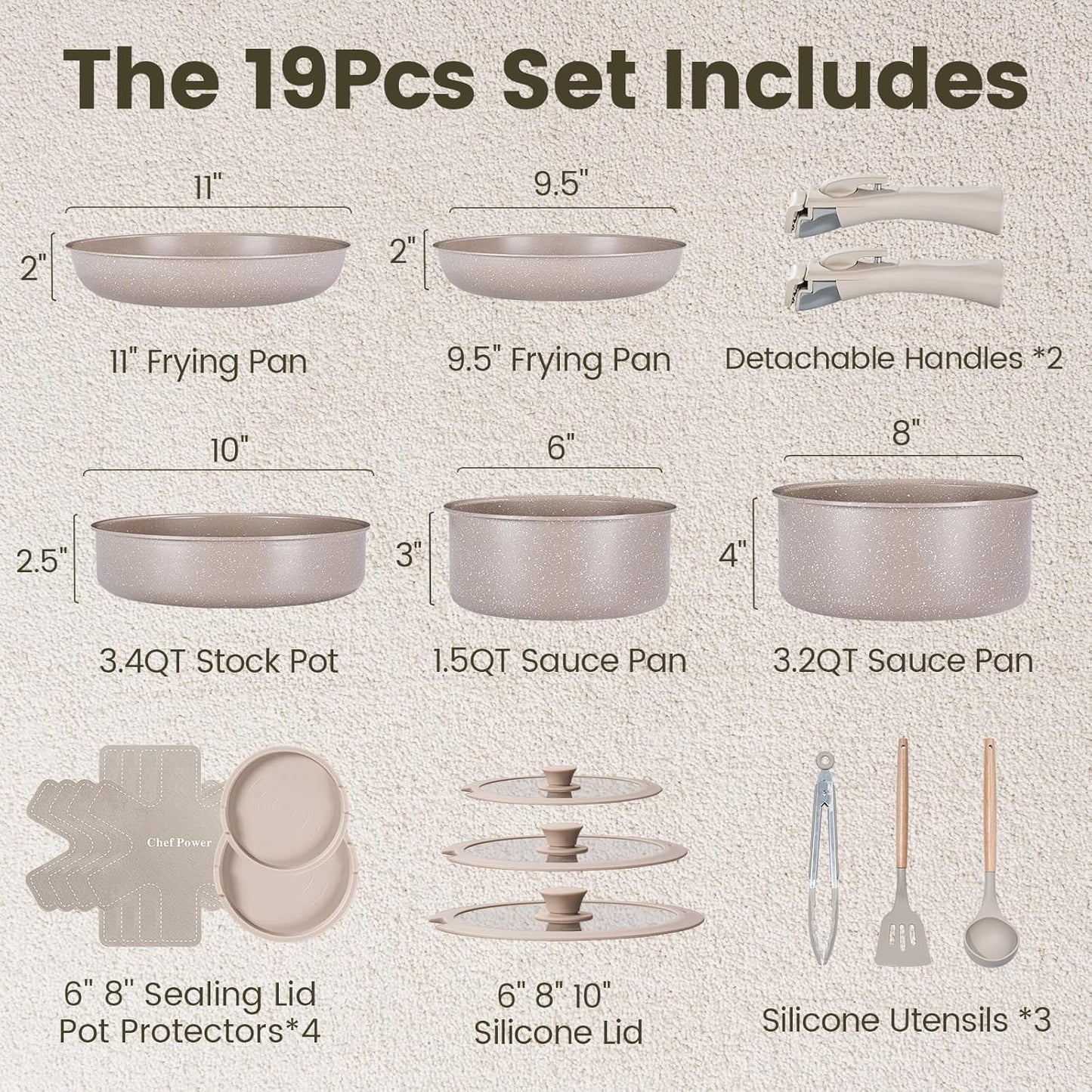 Chef Power Ceramic Nonstick Pots and Pans Set 19 Piece with Detachable Handle, Induction Dishwasher Oven Safe Cookware Set, RV Kitchen Set Removable Handle, Mocca Taupe